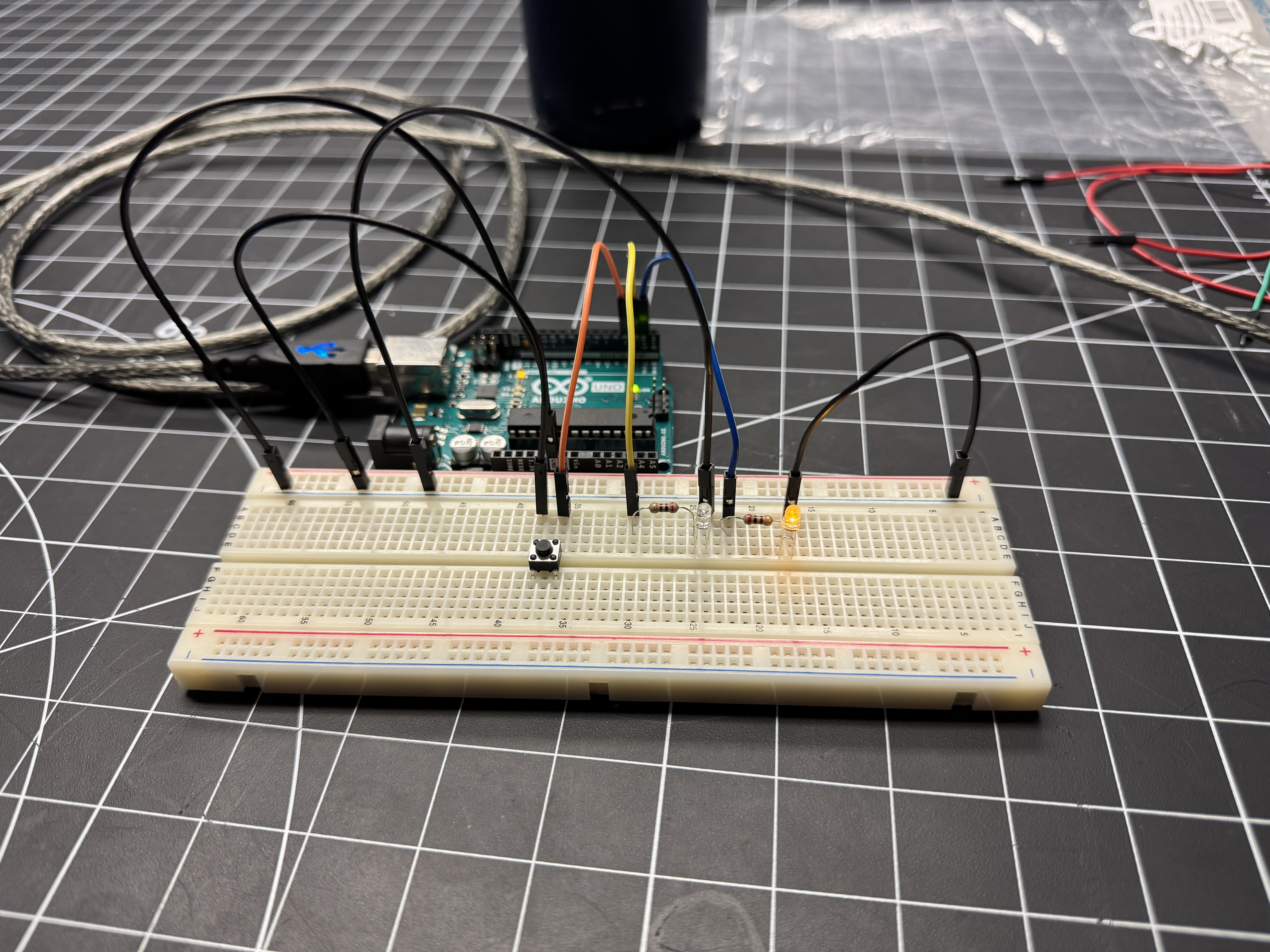 Later on, we were introduced to buttons and how to integrate them into our circuits, making them more interactive. <a href='https://www.youtube.com/watch?v=at3S1XO-ku8' target='_blank'><p>Video Demo</p></a>