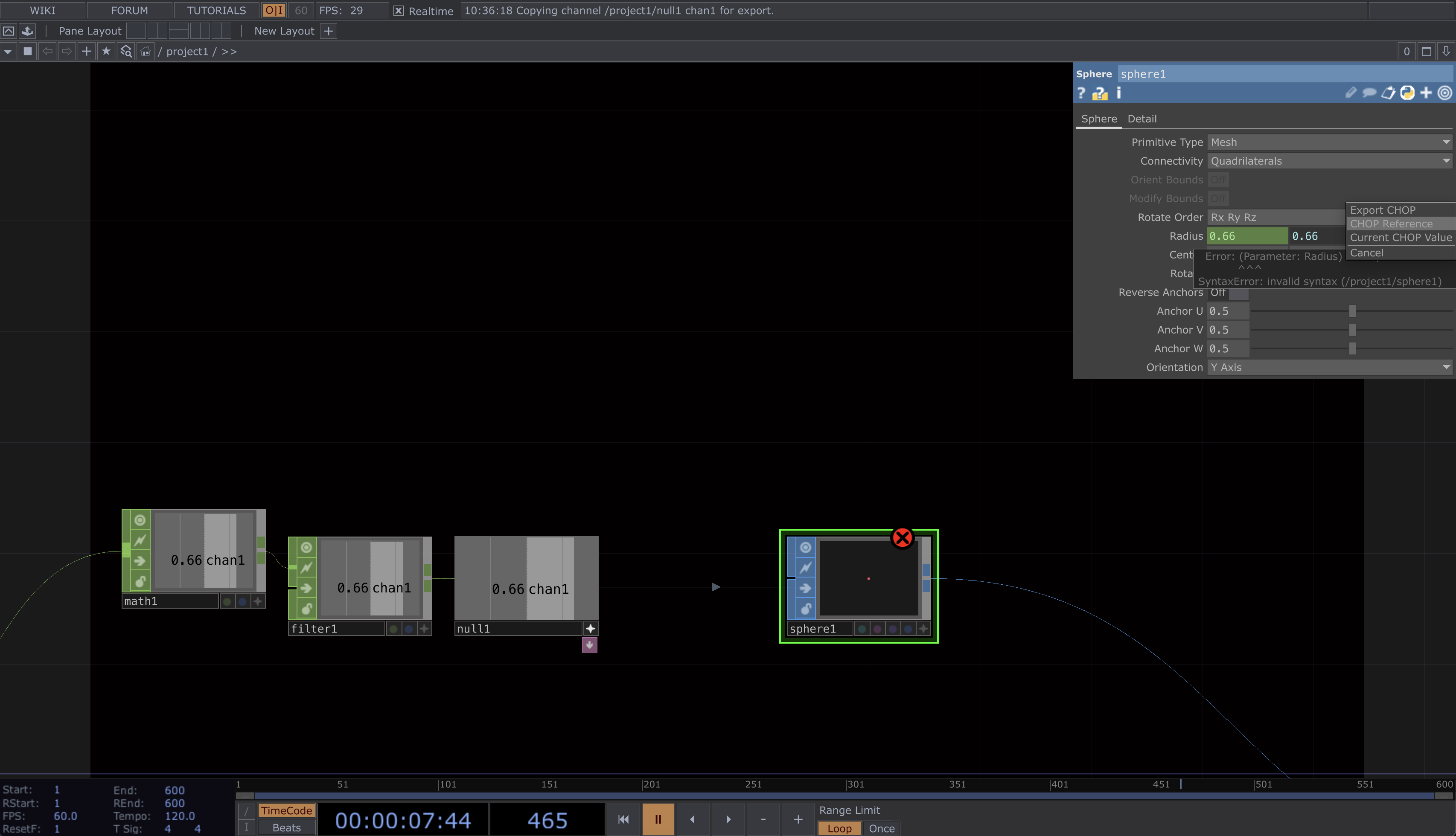Surprisingly, the solution was pretty simple. I had to drag one of the previous nodes into the 'radius' parameters and CHOP reference it.
