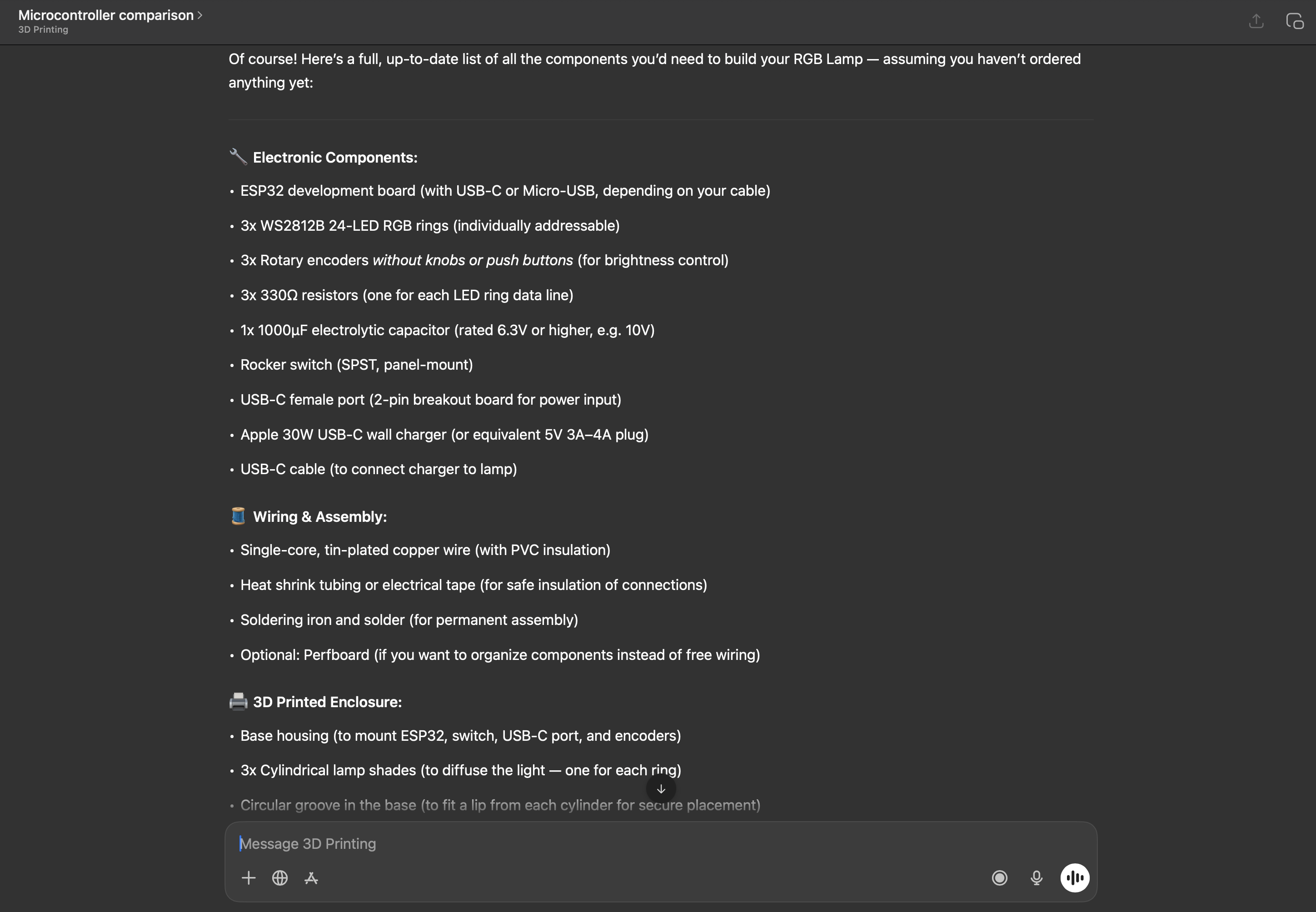 With the help of ChatGPT I was able to figure out all the electronics that I'd need to make my lamp. It was a great time saver as ChatGPT explained to me what each of the components will do, answered my questions, and gave suggestions. I took all this information with a grain of salt as AI can be wrong. In the end it did speed up my whole electronics research process and I was able to order the components from Aliexpress pretty quickly.