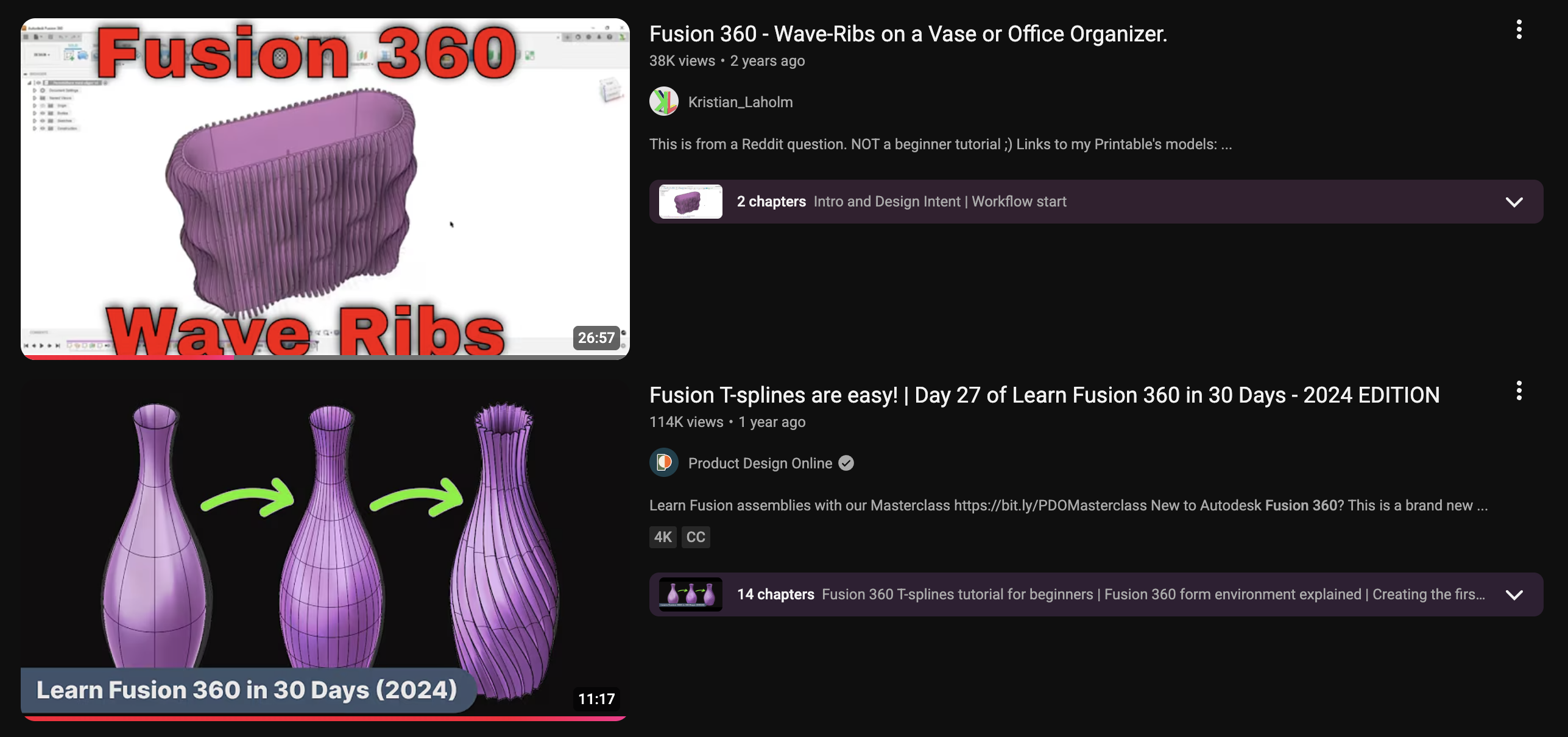 I started thinking about how I would design a somewhat organic lampshade and realized that I can do hard-surface modelling in Fusion360, but I have absolutely no idea how I'd make anything organic. I started searching up tutorials and these two seemed very promising. <br> <a href='https://www.youtube.com/watch?v=CYrdHRmjMWo' target='_blank'><p>Video 1</p></a> <a href='https://www.youtube.com/watch?v=NqjbJZ2ekRU' target='_blank'><p>Video 2</p></a>