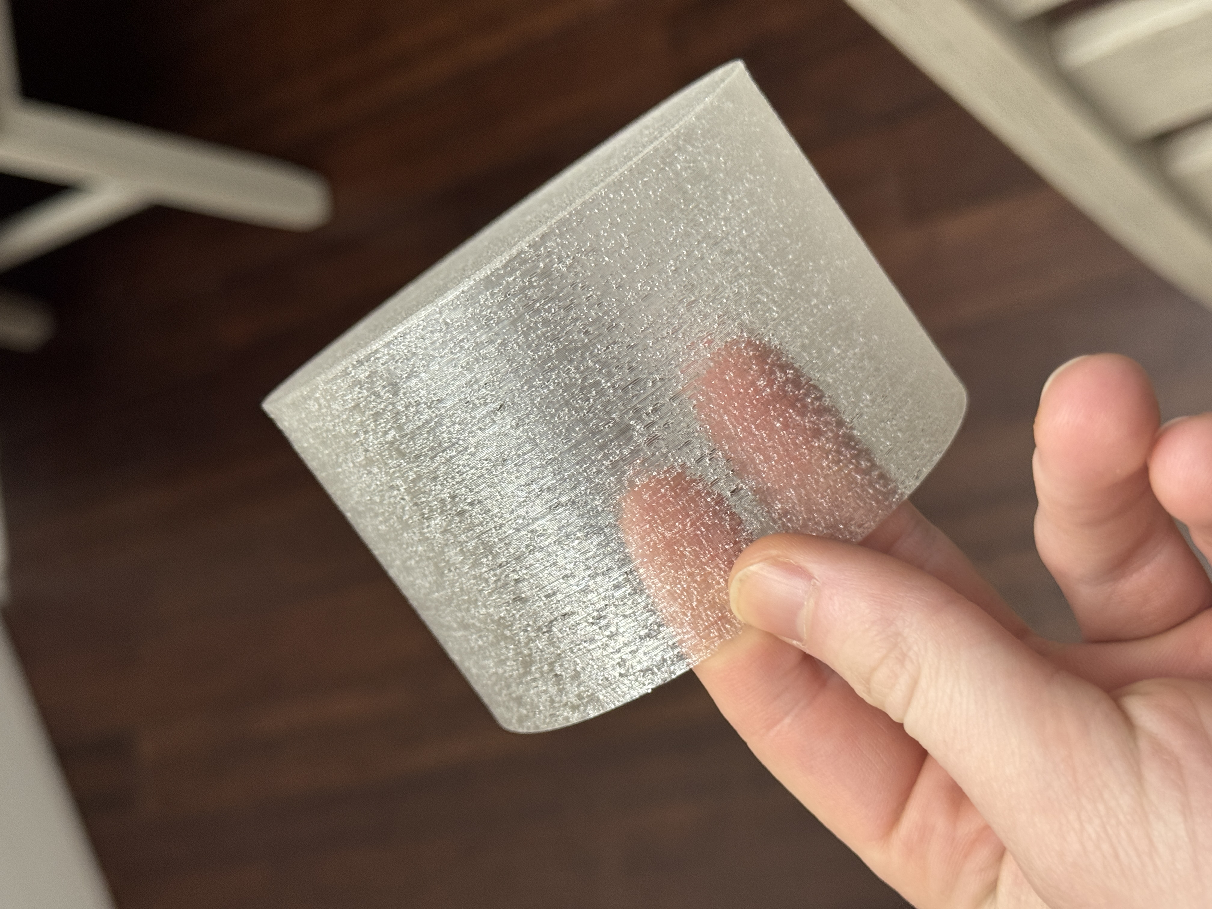 I always wanted to test out translucent PETG but never really had a reason to until this class. When I got a few rolls of my translucent PETG, the first test print didn't go so well, due to all the surface imperfections and tiny gaps/bubbles in the solid wall.