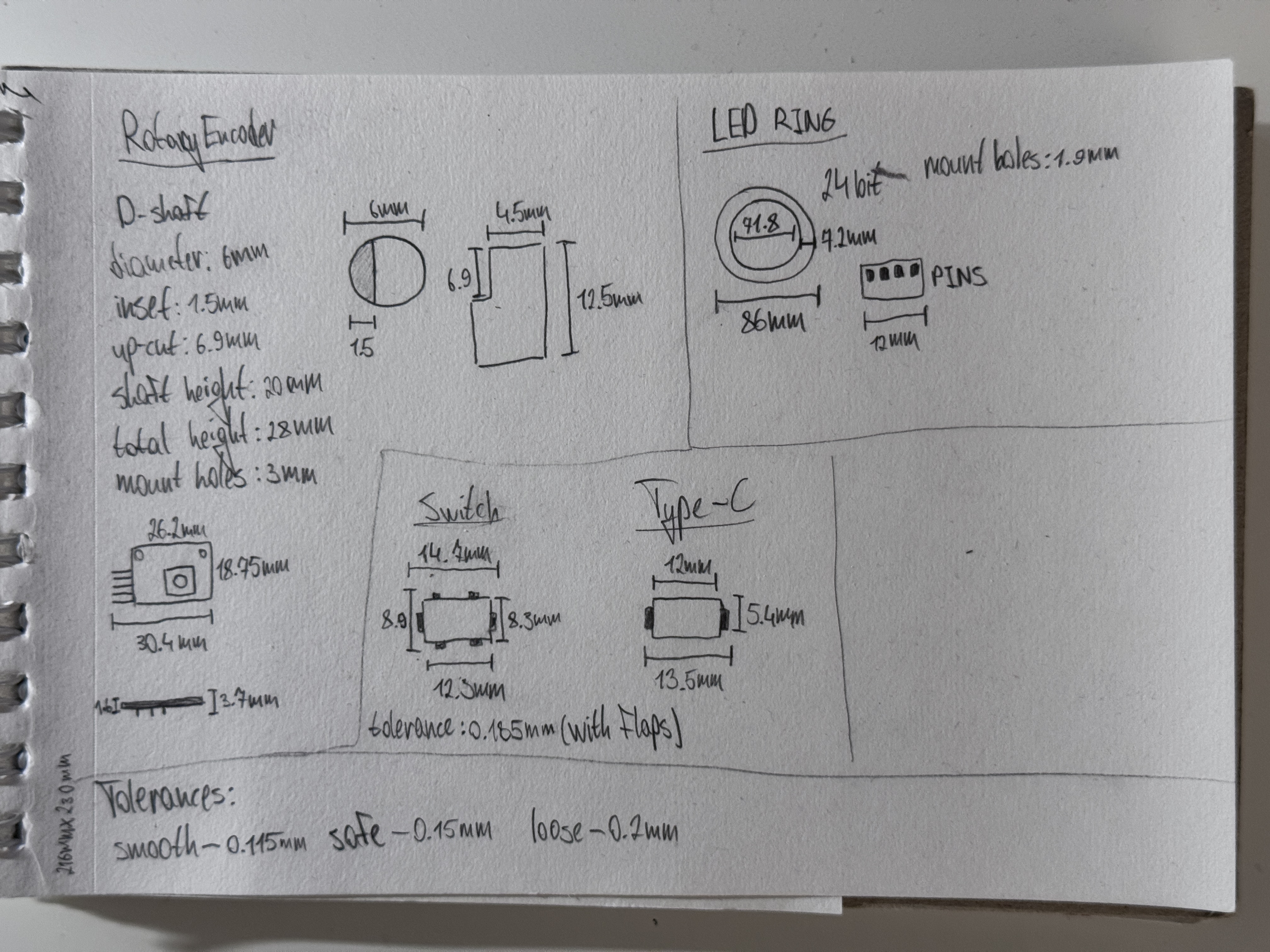 Notebook page of the measurements of some of the components that I've done, using digital callipers.