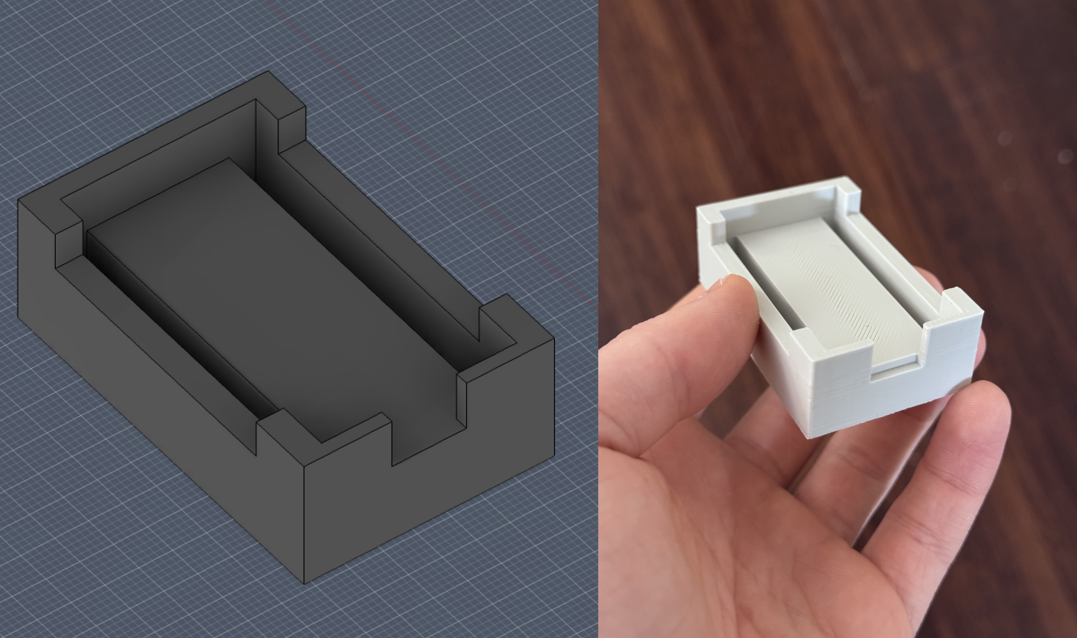 Slot/holder for the ESP32 with channels for the pins to go into and a cutout for the USB-C port.